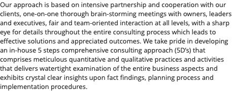 Our approach is based on intensive partnership and cooperation with our clients, one-on-one thorough brain-storming meetings with owners, leaders and executives, fair and team-oriented interaction at all levels, with a sharp eye for details throughout the entire consulting process which leads to effective solutions and appreciated outcomes. We take pride in developing an in-house 5 steps comprehensive consulting approach (5D’s) that comprises meticulous quantitative and qualitative practices and activities that delivers watertight examination of the entire business aspects and exhibits crystal clear insights upon fact findings, planning process and implementation procedures.