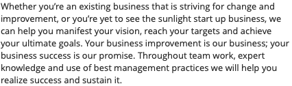 Whether you’re an existing business that is striving for change and improvement, or you’re yet to see the sunlight start up business, we can help you manifest your vision, reach your targets and achieve your ultimate goals. Your business improvement is our business; your business success is our promise. Throughout team work, expert knowledge and use of best management practices we will help you realize success and sustain it.