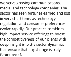 We serve growing communications, media, and technology companies. The sector has seen fortunes earned and lost in very short time, as technology, regulation, and consumer preferences evolve rapidly. Our practice combines high impact service offerings to boost the competitiveness of our clients with deep insight into the sector dynamics that ensure that any change is truly future proof.
