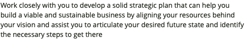 Work closely with you to develop a solid strategic plan that can help you build a viable and sustainable business by aligning your resources behind your vision and assist you to articulate your desired future state and identify the necessary steps to get there
