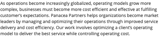 As operations become increasingly globalized, operating models grow more complex, businesses must become more cost efficient and effective at fulfilling customer’s expectations. Panacea Partners helps organizations become market leaders by managing and optimizing their operations through improved service delivery and cost efficiency. Our work involves optimizing a client’s operating model to deliver the best service while controlling operating cost. 