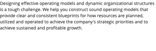 Designing effective operating models and dynamic organizational structures is a tough challenge. We help you construct sound operating models that provide clear and consistent blueprints for how resources are planned, utilized and operated to achieve the company's strategic priorities and to achieve sustained and profitable growth. 