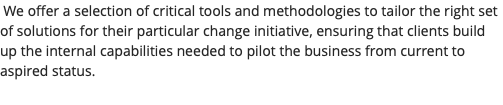  We offer a selection of critical tools and methodologies to tailor the right set of solutions for their particular change initiative, ensuring that clients build up the internal capabilities needed to pilot the business from current to aspired status. 