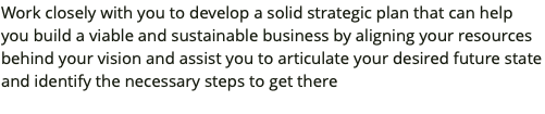 Work closely with you to develop a solid strategic plan that can help you build a viable and sustainable business by aligning your resources behind your vision and assist you to articulate your desired future state and identify the necessary steps to get there