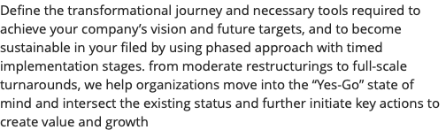 Define the transformational journey and necessary tools required to achieve your company’s vision and future targets, and to become sustainable in your filed by using phased approach with timed implementation stages. from moderate restructurings to full-scale turnarounds, we help organizations move into the “Yes-Go” state of mind and intersect the existing status and further initiate key actions to create value and growth