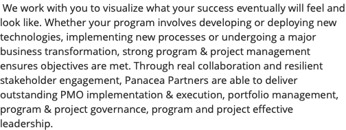  We work with you to visualize what your success eventually will feel and look like. Whether your program involves developing or deploying new technologies, implementing new processes or undergoing a major business transformation, strong program & project management ensures objectives are met. Through real collaboration and resilient stakeholder engagement, Panacea Partners are able to deliver outstanding PMO implementation & execution, portfolio management, program & project governance, program and project effective leadership.