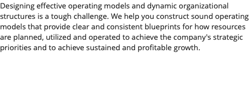 Designing effective operating models and dynamic organizational structures is a tough challenge. We help you construct sound operating models that provide clear and consistent blueprints for how resources are planned, utilized and operated to achieve the company's strategic priorities and to achieve sustained and profitable growth. 