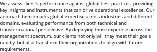 We assess client's performance against global best practices, providing key insights and instruments that can drive operational excellence. Our approach benchmarks global expertise across industries and different domains, evaluating performance from both technical and transformational perspective. By deploying those expertise across the management spectrum, our clients not only will they meet their goals rapidly, but also transform their organizations to align with future requirements.