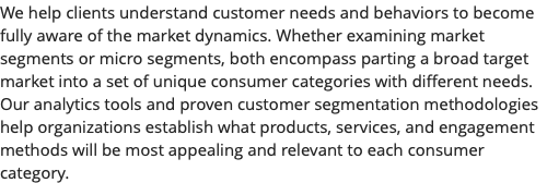 We help clients understand customer needs and behaviors to become fully aware of the market dynamics. Whether examining market segments or micro segments, both encompass parting a broad target market into a set of unique consumer categories with different needs. Our analytics tools and proven customer segmentation methodologies help organizations establish what products, services, and engagement methods will be most appealing and relevant to each consumer category.