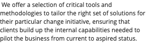  We offer a selection of critical tools and methodologies to tailor the right set of solutions for their particular change initiative, ensuring that clients build up the internal capabilities needed to pilot the business from current to aspired status. 
