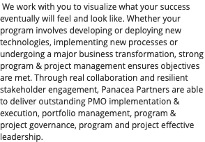  We work with you to visualize what your success eventually will feel and look like. Whether your program involves developing or deploying new technologies, implementing new processes or undergoing a major business transformation, strong program & project management ensures objectives are met. Through real collaboration and resilient stakeholder engagement, Panacea Partners are able to deliver outstanding PMO implementation & execution, portfolio management, program & project governance, program and project effective leadership.