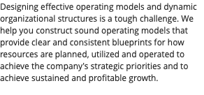 Designing effective operating models and dynamic organizational structures is a tough challenge. We help you construct sound operating models that provide clear and consistent blueprints for how resources are planned, utilized and operated to achieve the company's strategic priorities and to achieve sustained and profitable growth. 