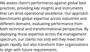 We assess client's performance against global best practices, providing key insights and instruments that can drive operational excellence. Our approach benchmarks global expertise across industries and different domains, evaluating performance from both technical and transformational perspective. By deploying those expertise across the management spectrum, our clients not only will they meet their goals rapidly, but also transform their organizations to align with future requirements.