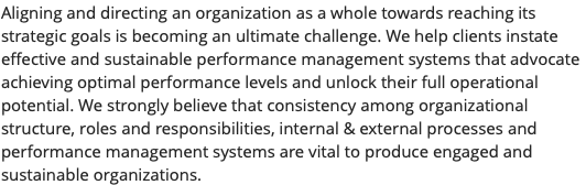 Aligning and directing an organization as a whole towards reaching its strategic goals is becoming an ultimate challenge. We help clients instate effective and sustainable performance management systems that advocate achieving optimal performance levels and unlock their full operational potential. We strongly believe that consistency among organizational structure, roles and responsibilities, internal & external processes and performance management systems are vital to produce engaged and sustainable organizations.