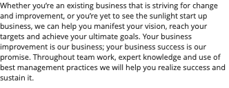 Whether you’re an existing business that is striving for change and improvement, or you’re yet to see the sunlight start up business, we can help you manifest your vision, reach your targets and achieve your ultimate goals. Your business improvement is our business; your business success is our promise. Throughout team work, expert knowledge and use of best management practices we will help you realize success and sustain it.