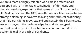 We are a team of highly talented world-class professionals equipped with an inimitable combination of domestic and global consulting experience that spans across North America, UK, Middle East and the GCC. We offer unparalleled capacities in strategic planning; innovative thinking and technical proficiency that help our clients grow, expand and sustain their businesses. We work beyond the well-paved paths and stereotyped concepts and instead deliver bespoke solutions suited to the economic reality of each of our clients. 